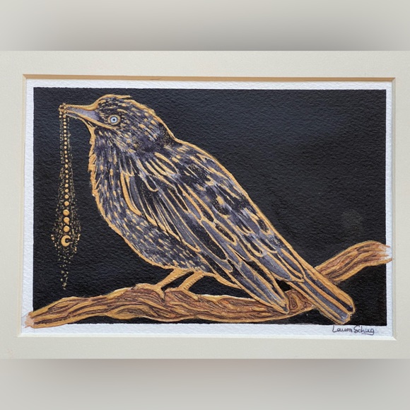 Original art watercolor ink gold bird raven crow mystical witchy moon academia - Picture 10 of 13